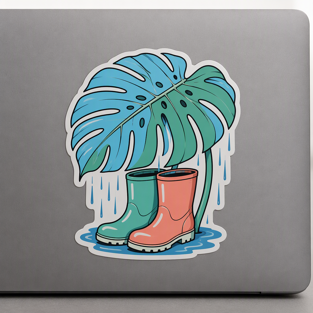 Bright rubber boots rest beneath an oversized tropical leaf as falling rain turns this die-cut sticker into a playful, vibrant botanical scene.