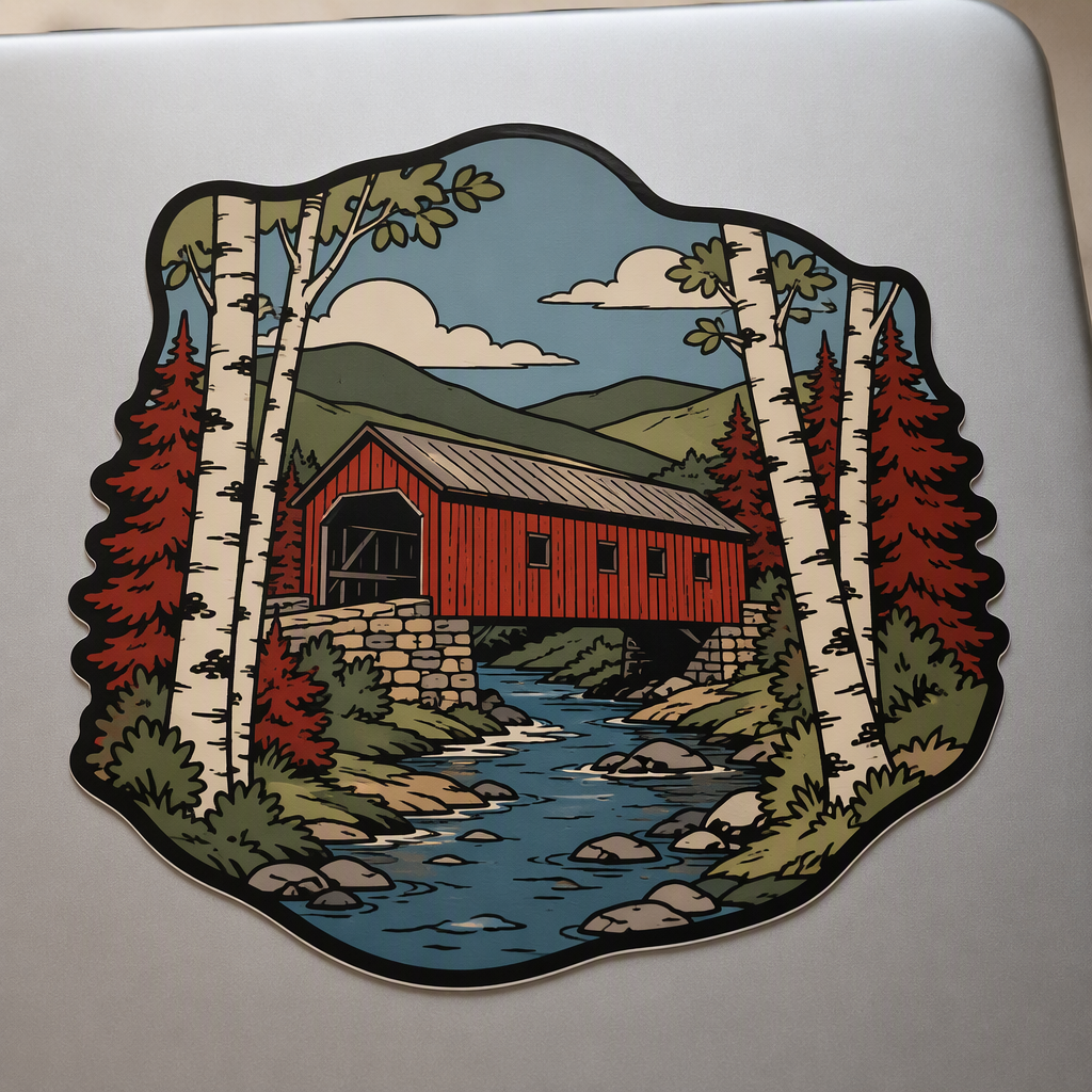 A red covered bridge spans a winding Vermont creek in this nostalgic mid-century travel poster scene, framed by cream birch trees and brick-toned spruce shapes.