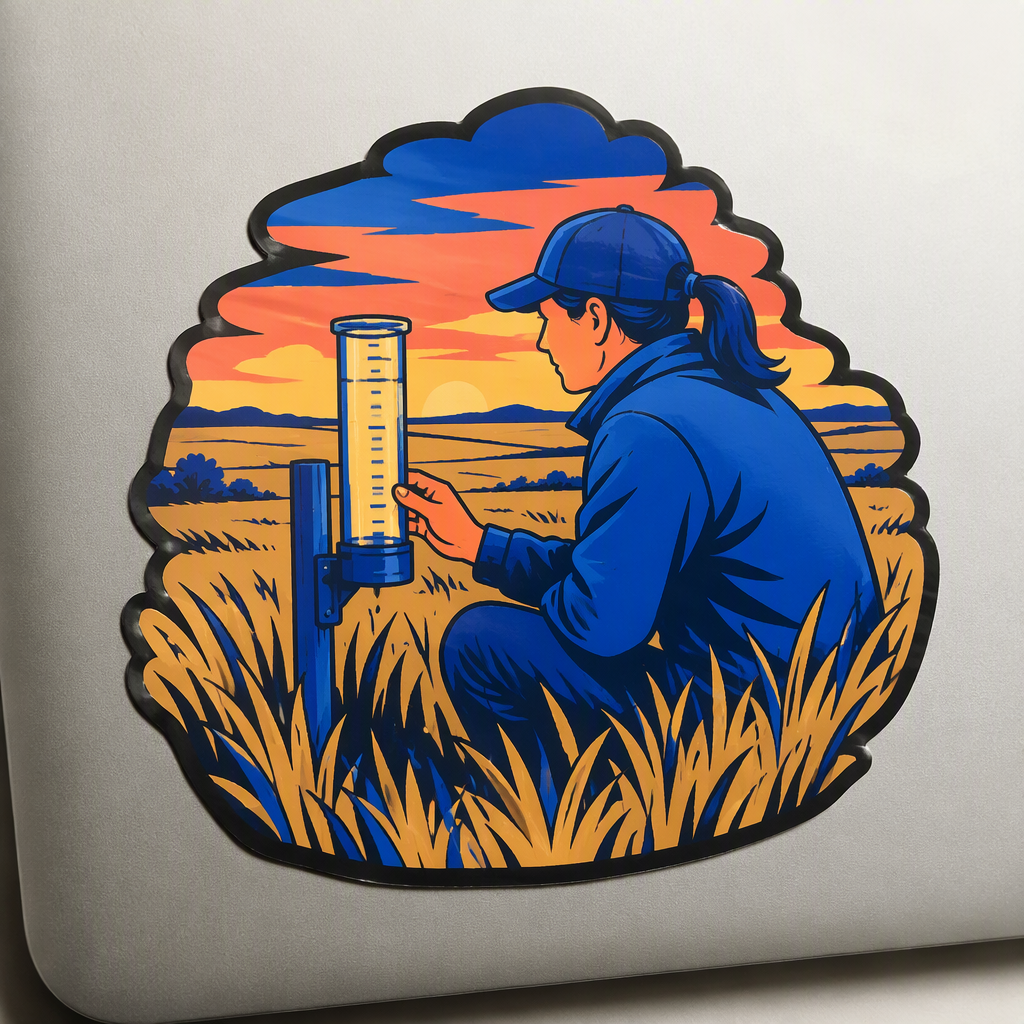 A volunteer weather observer reads a plain gauge against a serene Kansas grassland dawn, rendered in a compact geometric composition of cobalt, wheat, and coral.