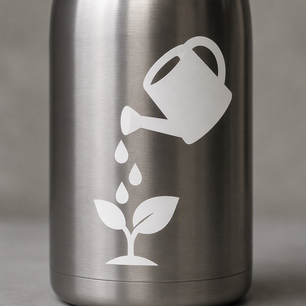 A thick white watering can pours three large drops onto a simple two-leaf sprout, creating an expressive garden scene with a cheerful reminder of patient care and growing things.
