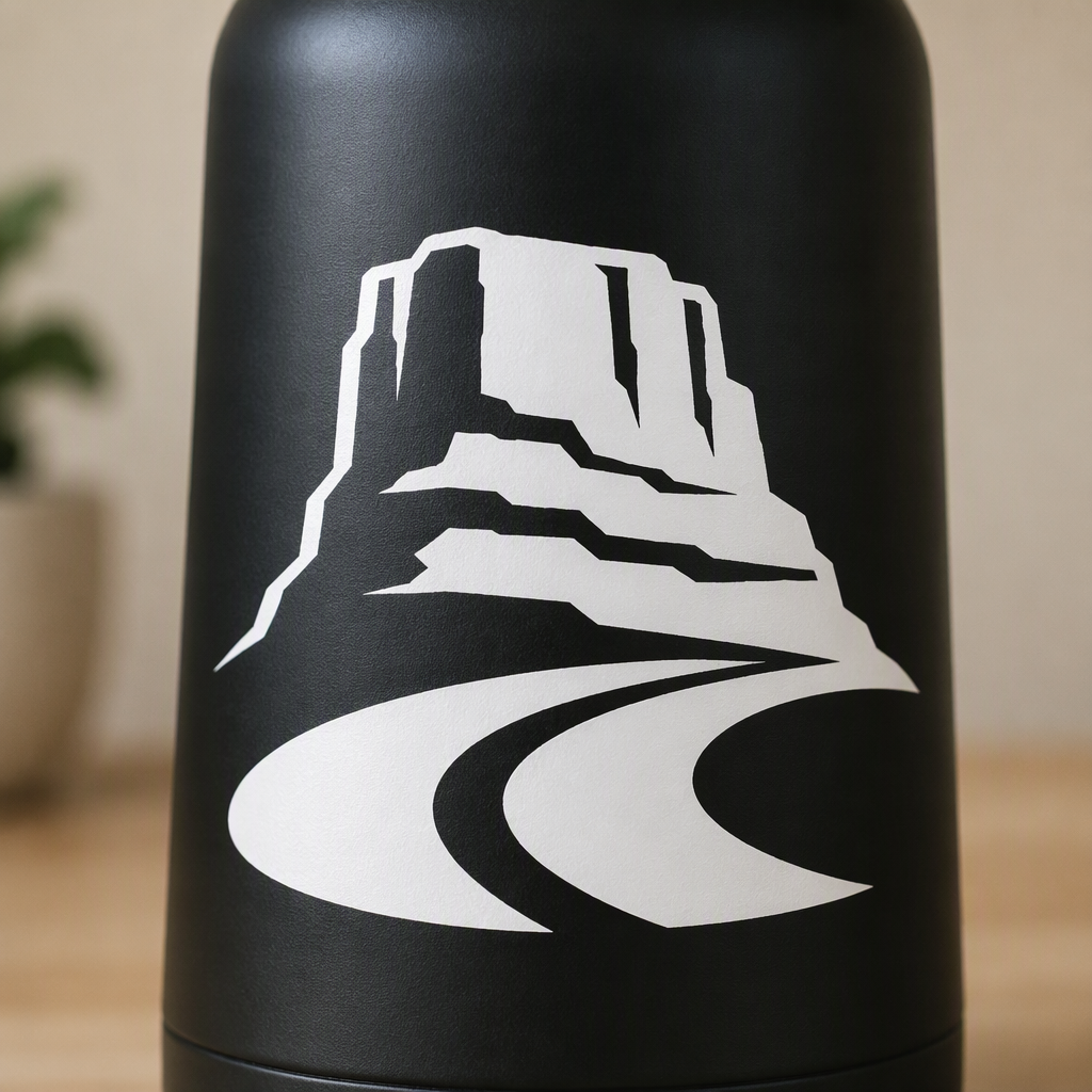 A white transfer-vinyl silhouette shows a broad Western mesa rising above an open crescent road bend, with two large rock-layer cutouts shaping the landscape.