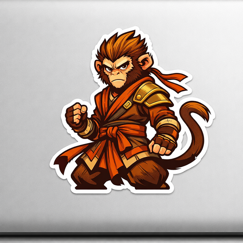 Cartoon Monkey Warrior Sticker Decal Fantasy Art Vinyl Laptop Car Window Bumper AUTO Water Bottle Helmets Truck Waterproof High Contrast Relaxed Pose Transparent