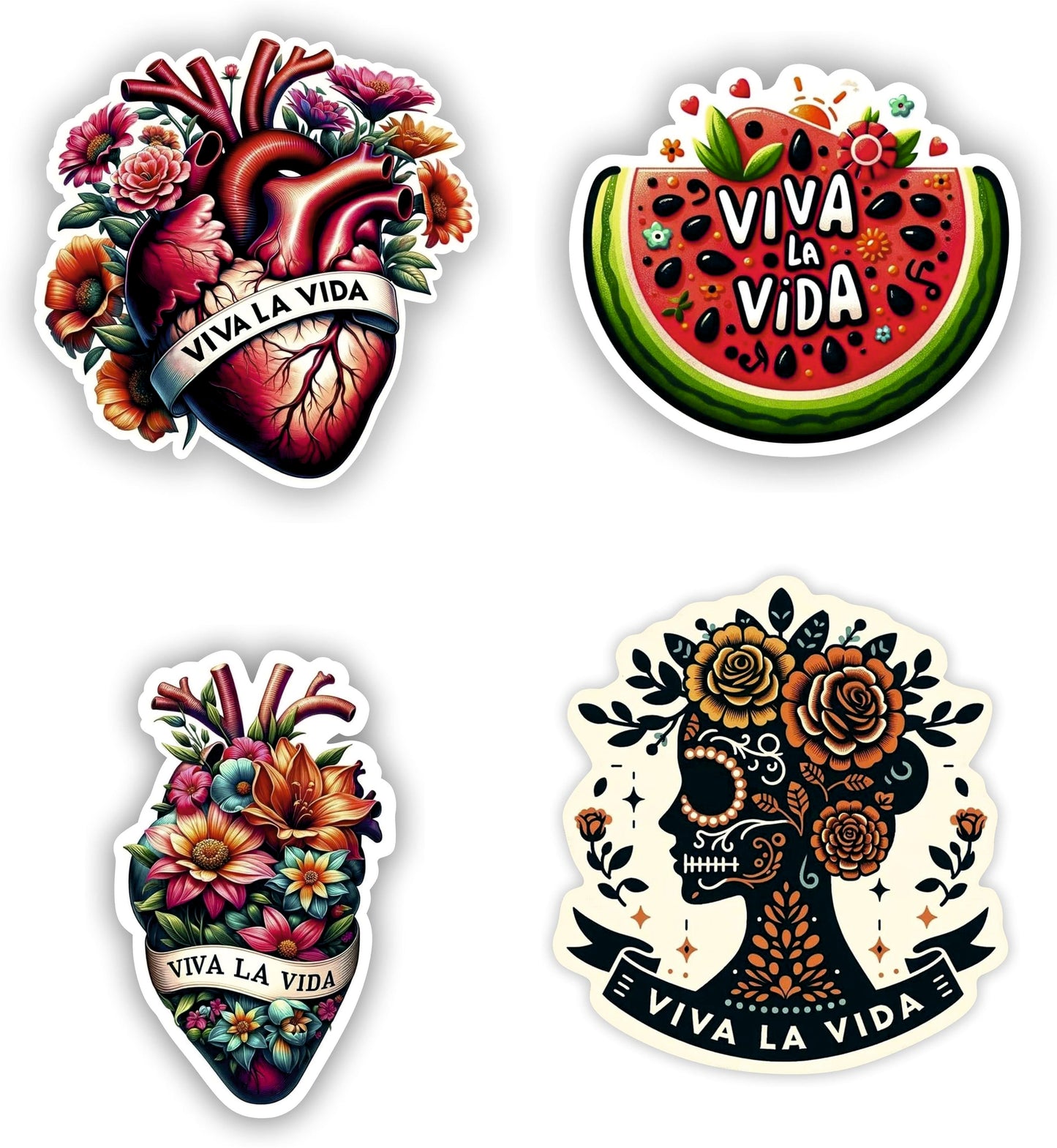 Viva La Vida Sticker Set of 4 (4 Inch Each) – Artistic Mexican Heart, Watermelon, Latina Skull & Floral Designs – Multicolor Waterproof Vinyl Decals for Laptops, Cars, Bottles, Tumblers