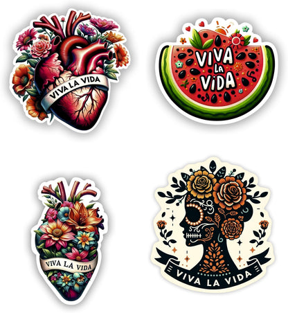 Viva La Vida Sticker Set of 4 (4 Inch Each) – Artistic Mexican Heart, Watermelon, Latina Skull & Floral Designs – Multicolor Waterproof Vinyl Decals for Laptops, Cars, Bottles, Tumblers