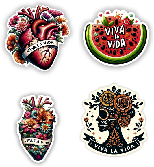 Viva La Vida Sticker Set of 4 (4 Inch Each) – Artistic Mexican Heart, Watermelon, Latina Skull & Floral Designs – Multicolor Waterproof Vinyl Decals for Laptops, Cars, Bottles, Tumblers