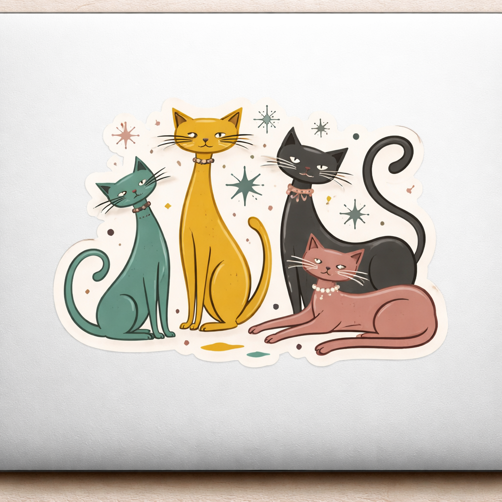 Atomic Mid-Century Cool Cats Sticker Decal Vinyl Laptop Car Window Bumper AUTO Water Bottle Helmets Waterproof