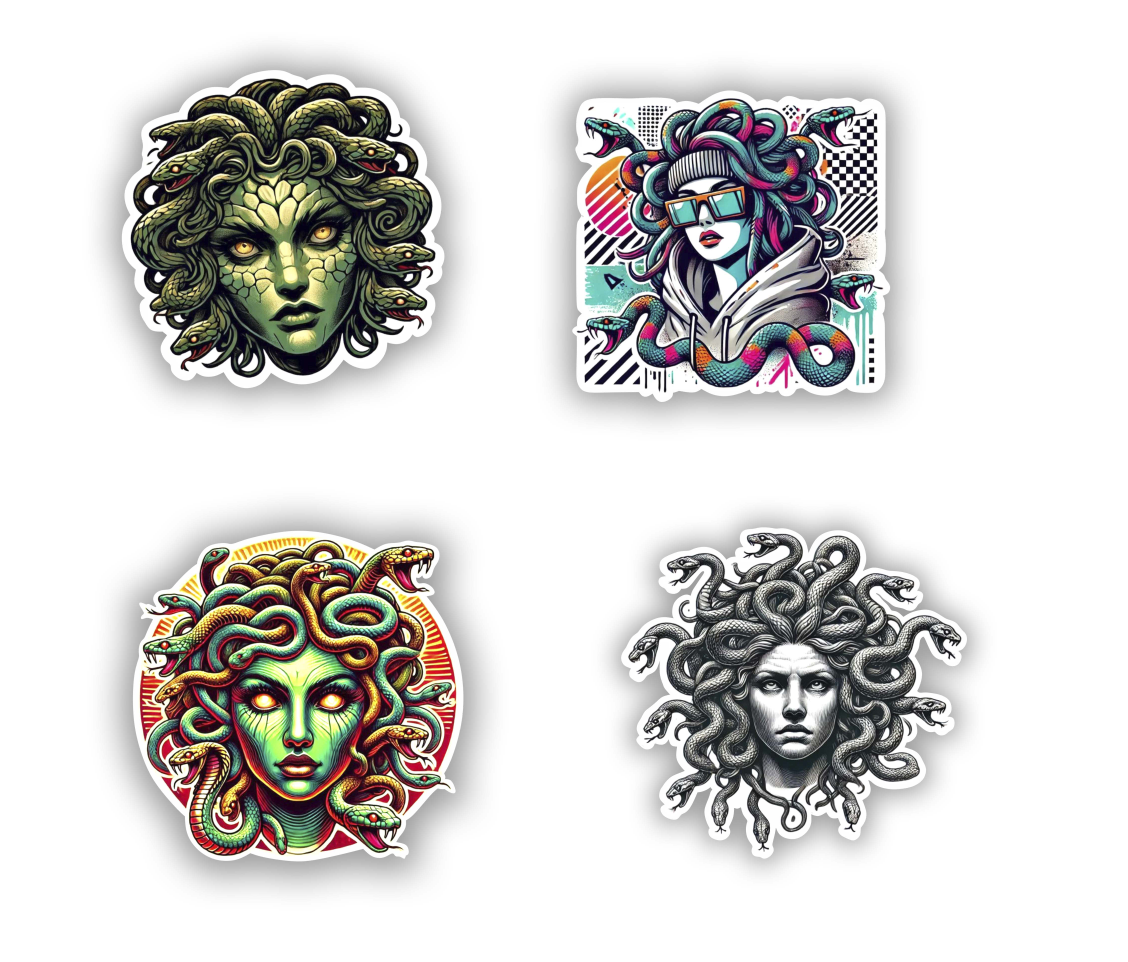 Set of 4 Medusa Stickers – Greek Mythology Vinyl Decals (4 Inch) for Laptop, Car Window, Wall, Bumper, Water Bottle, Truck – Neon & Close-Up Designs