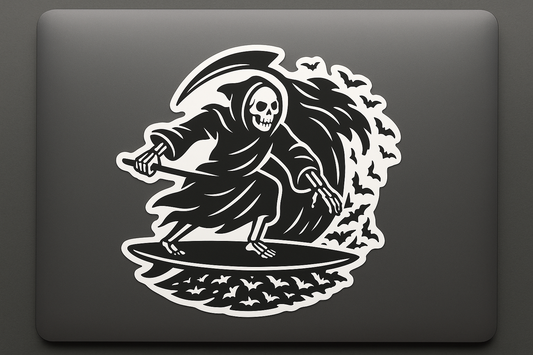 Grim Reaper Surfing Sticker Decal Vinyl Laptop Car Window Bumper AUTO Bottle Water Bottle Helmets Waterproof