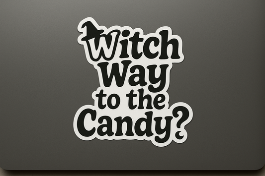 Halloween Sticker Decal Vinyl Laptop Car Window Bumper Water Bottle Helmets Waterproof "Witch Way to the Candy?"