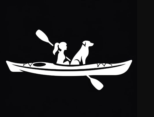 Vinyl sticker: Adventurous Kayak Sticker with Girl and Dog Looking Forward - Unified Silhouette Design for Outdoor Enthusiasts