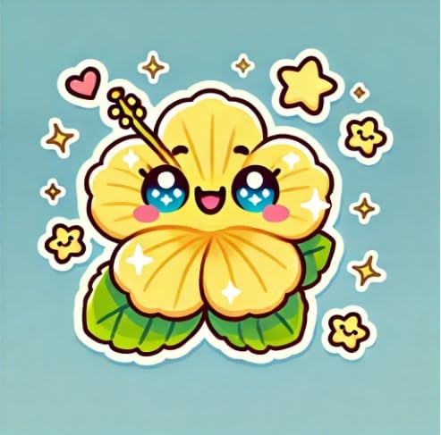 Vinyl sticker: Laptop Wall Car Window Bumper Sticker Decal Truck Waterproof Auto Water Bottle – Kawaii Hibiscus Brackenridgei with Smiling Face and Cartoon Blush Details (4)