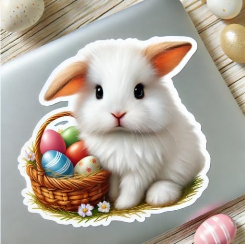 Vinyl sticker: Cute Easter Bunny with Basket of Eggs Sticker for Laptop, Wall, Car, Window, Bumper, Decal, Truck, Waterproof, Auto, Water Bottle – Adorable Holiday Rabbit