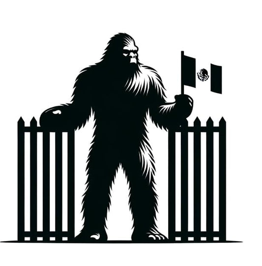 Vinyl sticker: Bigfoot at The Border with Mexican Flag Silhouette Decal - Ideal for Car, Laptop, and Wall Art