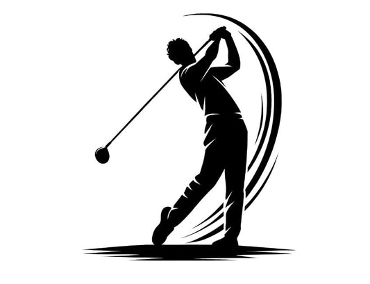 Vinyl sticker: Elegant Man Golfer Silhouette Sticker - Dynamic Swing, Waterproof Decal for Laptops, Cars, and Water Bottles