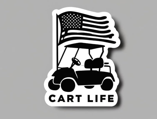 Vinyl sticker: "Minimalist 'Cart Life' Golf Cart with USA Flag Silhouette Sticker - Patriotic Design, Waterproof Decal for Golf Enthusiasts"