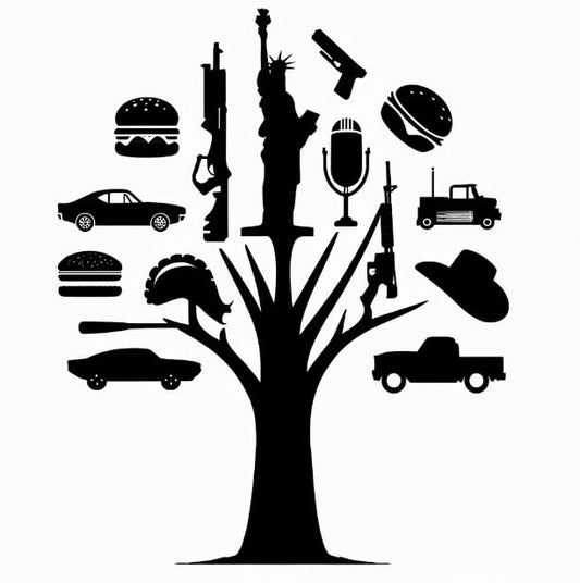 Vinyl sticker: American Icons Tree Sticker - Minimalist Black Silhouette Decal for Laptops, Cars, Notebooks. Silhouette Each Branch Transforming into a Different Iconic Symbol of American Culture and History (6)
