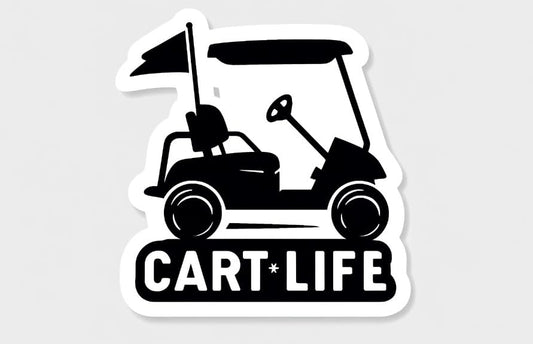 Vinyl sticker: Minimalist 'Cart Life' Golf Cart with Flag Silhouette Sticker - Elegant Black and White Design, Waterproof Decal for Golf Enthusiasts