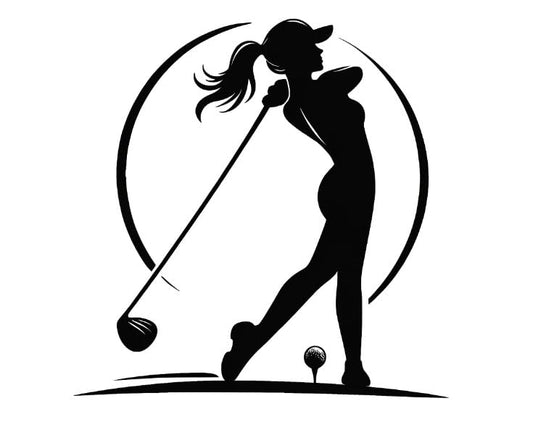 Vinyl sticker: Elegant Woman Golfer Hitting Ball Silhouette Sticker - Dynamic Swing, Waterproof Decal for Laptops, Cars, and Water Bottles