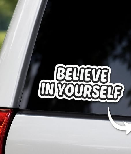 Vinyl sticker: Vinyl Waterproof Sticker for Car Window Laptop Wall Bumper Truck Auto Water Bottle “Believe in Yourself” Mini Motivational Decal Bubble Font with Bold Outline 3-Inch Size