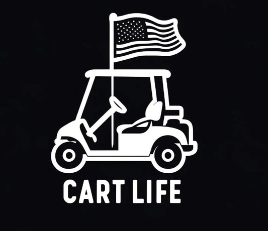 Vinyl sticker: Minimalist 'Cart Life' White Golf Cart with Trailing USA Flag Silhouette Sticker - Striking Black and White Design, Waterproof Decal for Golf Enthusiasts (4)
