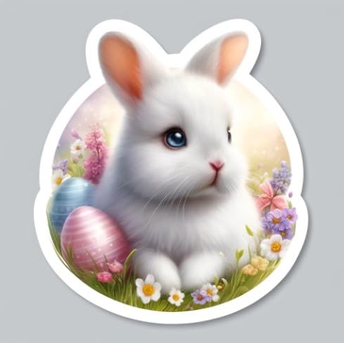 Vinyl sticker: Easter Bunny with Pastel Eggs Sticker for Laptop, Wall, Car, Window, Bumper, Decal, Truck, Waterproof, Auto, Water Bottle – Cute Rabbit in Spring Meadow