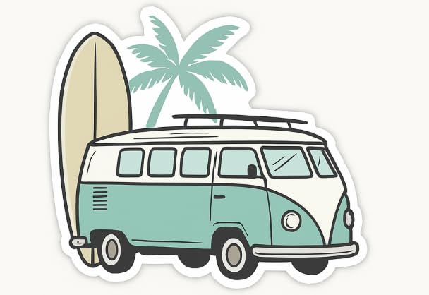 Vinyl sticker: Mint Green VW Surf Van Sticker – Vintage Camper Bus Waterproof Decal for Laptop, Car, Truck, Bumper, Window, Auto, Water Bottle – Tropical Palm Surfboard Design – Variation 4