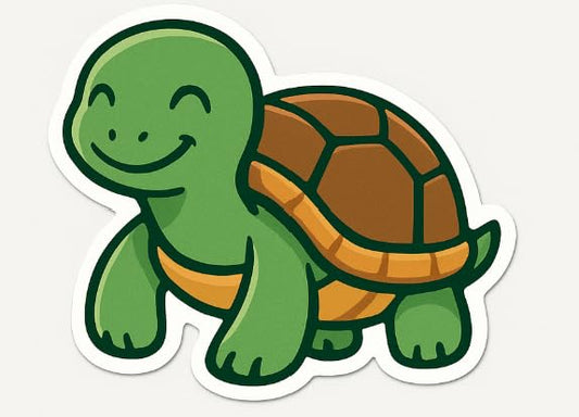 Vinyl sticker: Cute Turtle Sticker – Waterproof Vinyl Decal for Laptop, Car, Wall, Window, Bumper, Truck, Auto, Water Bottle – Smiling Cartoon Turtle with Brown Shell – Sticker Decal – Variation 1