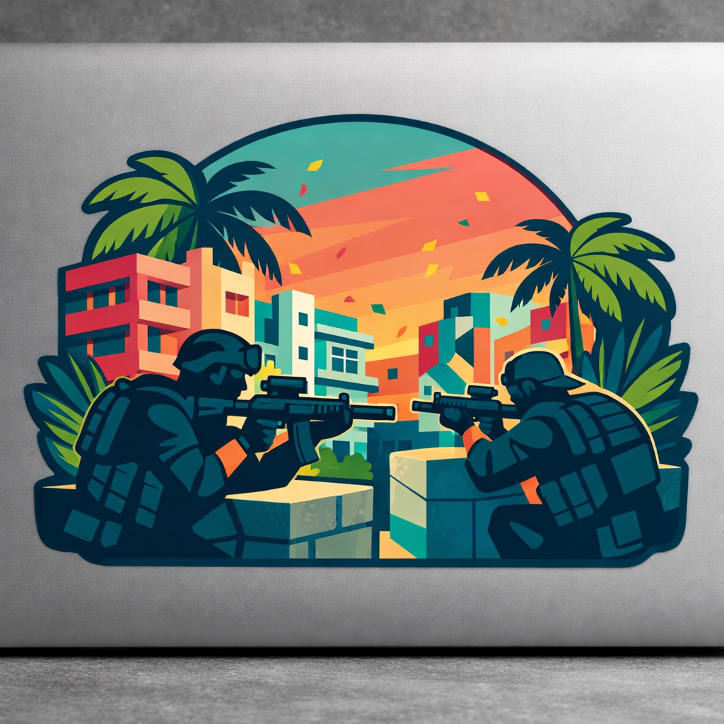 Urban Combat Tropical City Sticker Decal Vinyl Laptop Car Window Bumper AUTO Water Bottle Helmets Waterproof Vector