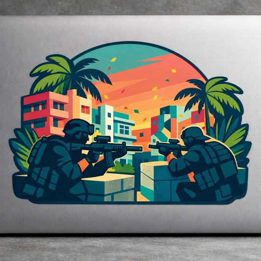 Urban Combat Tropical City Sticker Decal Vinyl Laptop Car Window Bumper AUTO Water Bottle Helmets Waterproof Vector
