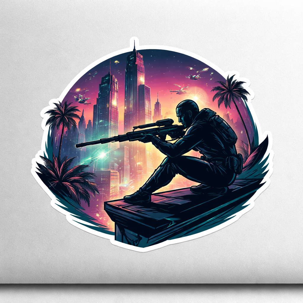 Sniper Tropical Megacity Sticker Decal Vinyl Laptop Car Window Bumper AUTO Water Bottle Helmets Waterproof Vector Art