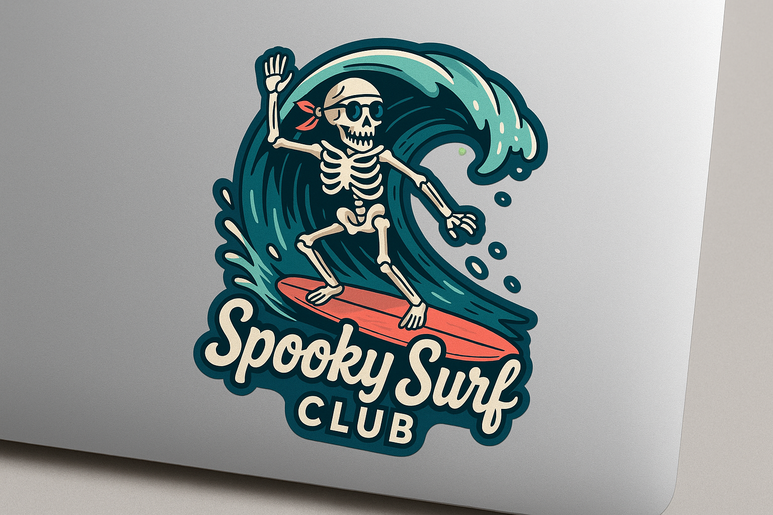 Skeleton Surfing Spooky Surf Club Sticker Decal Vinyl Laptop Car Window Bumper AUTO Water Bottle Helmets Waterproof