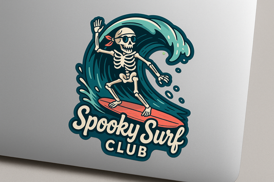 Skeleton Surfing Spooky Surf Club Sticker Decal Vinyl Laptop Car Window Bumper AUTO Water Bottle Helmets Waterproof