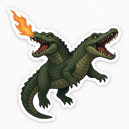 Vinyl sticker: Laptop Wall Car Window Bumper Sticker Decal Truck Waterproof Auto Water Bottle Featuring Two-Headed Fire-Breathing Alligator Dragon Hybrid Mythical Monster
