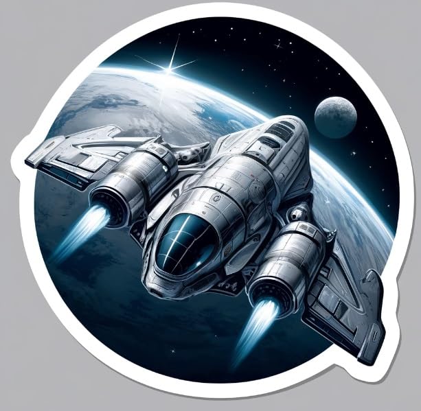 Vinyl sticker: Futuristic Spacecraft Over Earth Sticker - Silver and Blue Decal for Sci-Fi and Space Enthusiasts