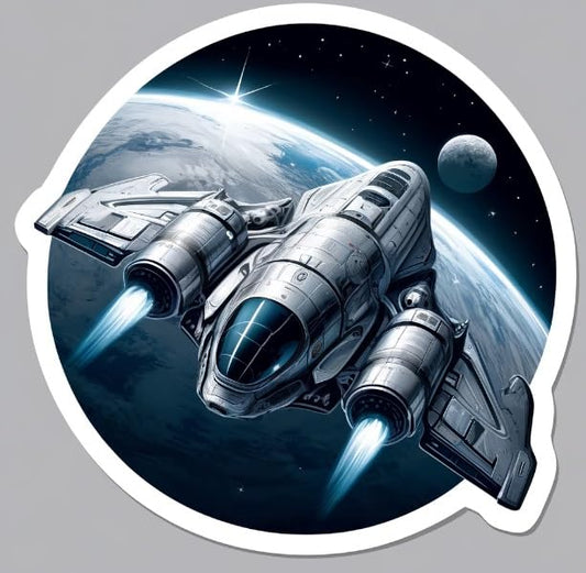 Vinyl sticker: Futuristic Spacecraft Over Earth Sticker - Silver and Blue Decal for Sci-Fi and Space Enthusiasts