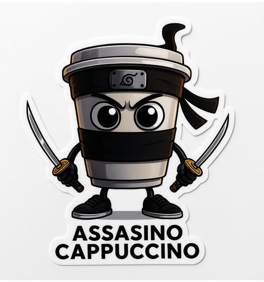 Vinyl sticker: Assasino Cappuccino Waterproof Sticker Decal for Laptop Wall Car Window Bumper Truck Auto Water Bottle – Ninja Coffee Cup Vinyl Meme Assassin Art 4 in
