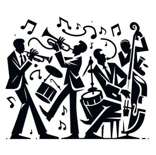 Vinyl sticker: Abstract Jazz Band Performance Sticker - Minimalist Musical Decal for Gear, Laptops, Music Venues - Vinyl Sticker for Jazz Lovers