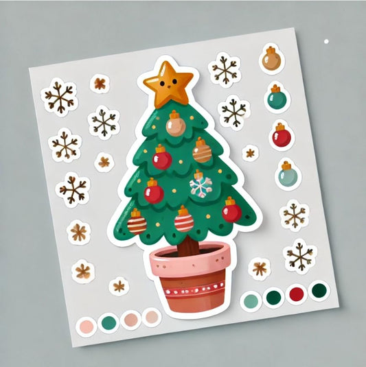 Vinyl sticker: Cute Potted Christmas Tree Sticker with Tiny Ornaments for Laptop, Wall, Car, Window, Bumper, Decal, Truck, Waterproof Auto, and Water Bottle
