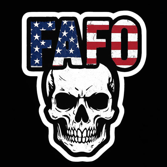 Vinyl sticker: FAFO Skull Sticker – USA Flag FAFO Text Over Grunge Skull – Waterproof Vinyl Decal for Laptop, Wall, Car, Window, Bumper, Truck, Auto, Water Bottle – Patriotic Grit Design – Variation 14