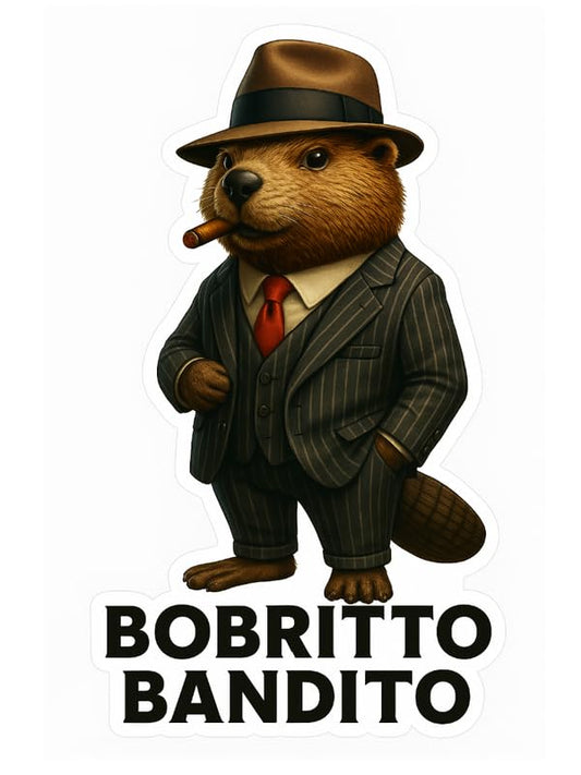 Vinyl sticker: Waterproof Bobrito Bandito Sticker for Laptop Wall Car Window Bumper Decal Truck Auto Water Bottle – Full-Body Gangster Beaver in Pinstripe Suit 4in