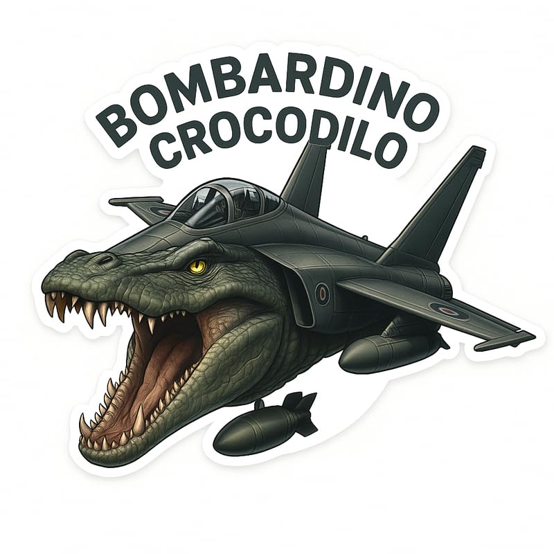 Vinyl sticker: Waterproof Bombardino Crocodilo Sticker for Laptop Wall Car Window Bumper Decal Truck Auto Water Bottle – Jet Fighter Crocodile Aircraft with Bomb Drop 4in