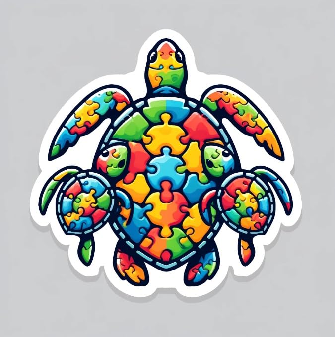 Vinyl sticker: Autism Awareness Mother Turtle and Offspring Puzzle Sticker - Autism Spectrum Family Turtle Puzzle Car and Laptop Sticker - Mother and Offspring Connected, Symbolizing Unity.