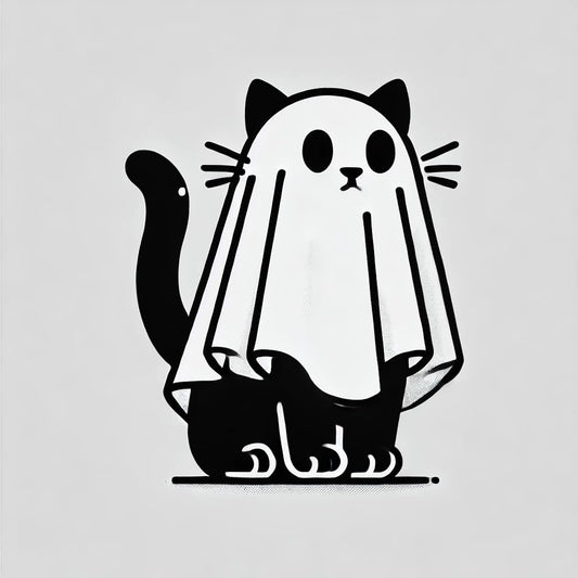 Vinyl sticker: Ghost Black Cat Sticker - Minimalist Halloween Cat in White Sheet, Bold Outlines, Cute and Spooky
