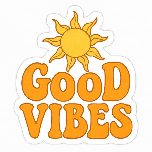 Vinyl sticker: Good Vibes Sticker – Retro Sun Graphic Waterproof Vinyl Decal for Laptop, Car, Wall, Window, Bumper, Truck, Auto – Bold Orange Bubble Letters with 70s Hippie Aesthetic – Variation 1