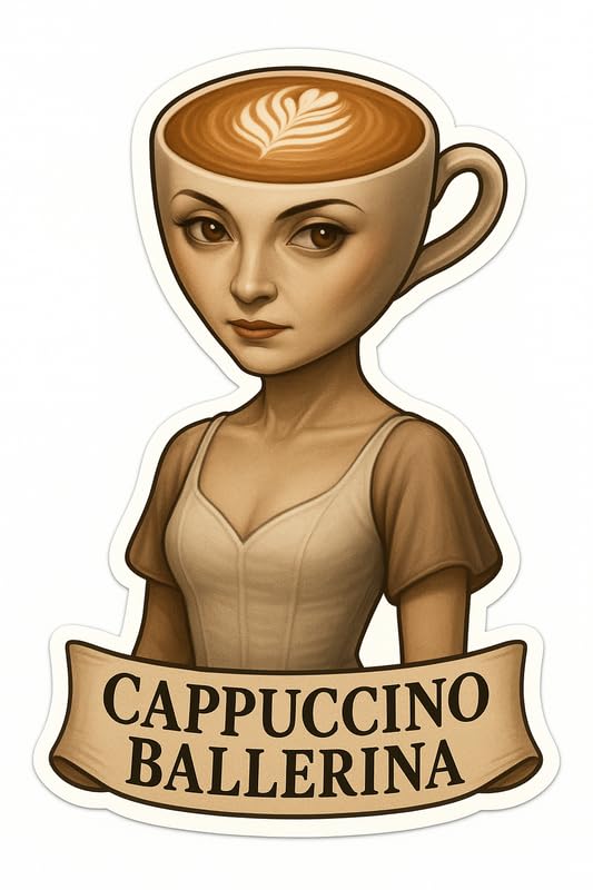 Vinyl sticker: Waterproof Cappuccino Ballerina Sticker for Laptop Wall Car Window Bumper Decal Truck Auto Water Bottle – Sophisticated Latte Lady in Classical Style 4in