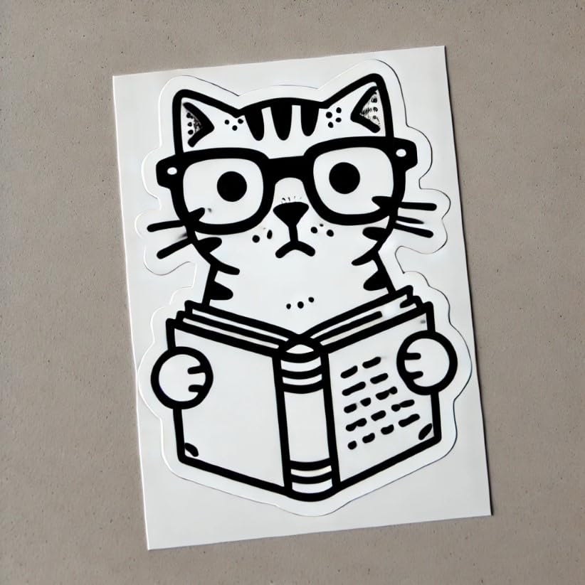 Vinyl sticker: Intellectual Cat Reading a Book Sticker for Laptop, Wall, Car, Window, Bumper, Truck, Waterproof Decal - Minimalist Design