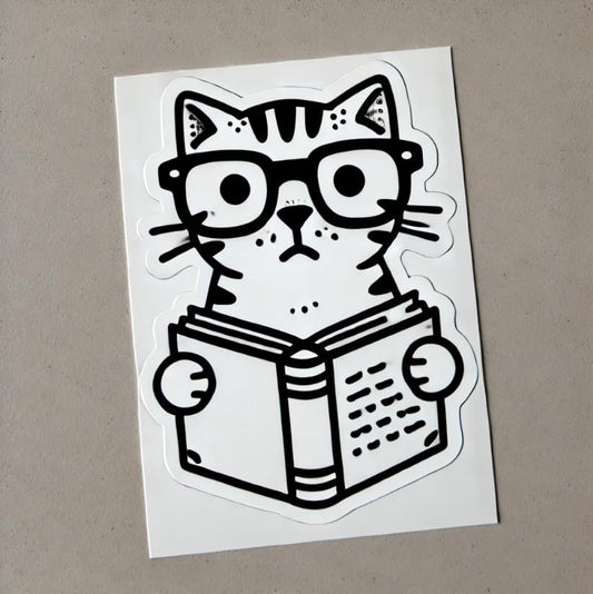 Vinyl sticker: Intellectual Cat Reading a Book Sticker for Laptop, Wall, Car, Window, Bumper, Truck, Waterproof Decal - Minimalist Design