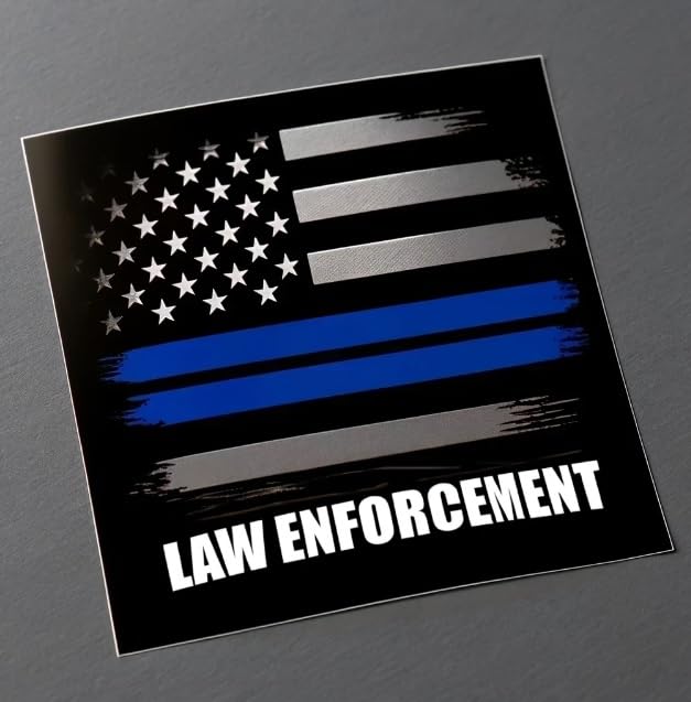 Vinyl sticker: Law Enforcement Thin Blue Line Flag Sticker - Metallic Police Support Decal for Car, Laptop, Window, Bumper, Waterproof, Auto, Wall, Water Bottle