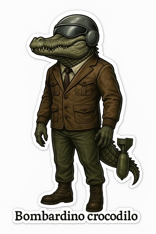 Vinyl sticker: Waterproof Bombardino Crocodilo Sticker for Laptop Wall Car Window Bumper Decal Truck Auto Water Bottle – Crocodile Aviator in Military Suit with Helmet and Bomb 4in