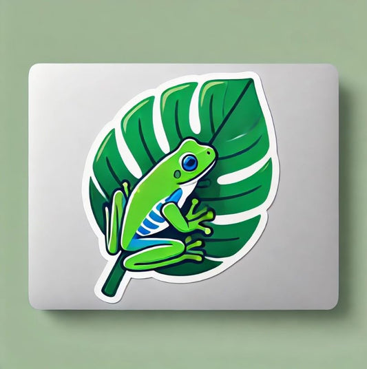 Vinyl sticker: Minimalist Puerto Rican Coquí Frog Sticker Decal for Laptop, Wall, Car, Window, Bumper, Truck, Water Bottle - Simple Tropical Frog Design on Leaf - Durable Vinyl Sticker for Auto and Home Decor